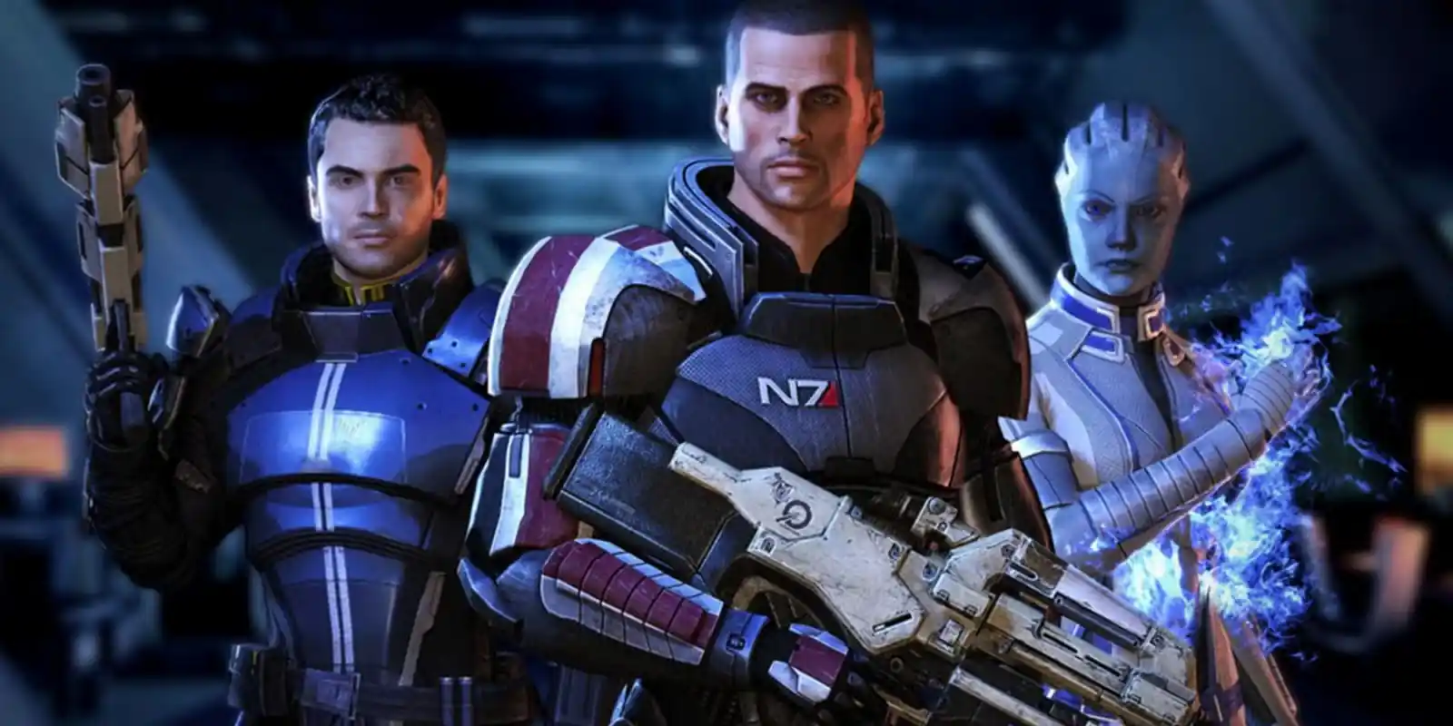 El comandante Shepard con la armadura N7, junto a Kaidan Alenko y Liara T'Soni en Mass Effect
