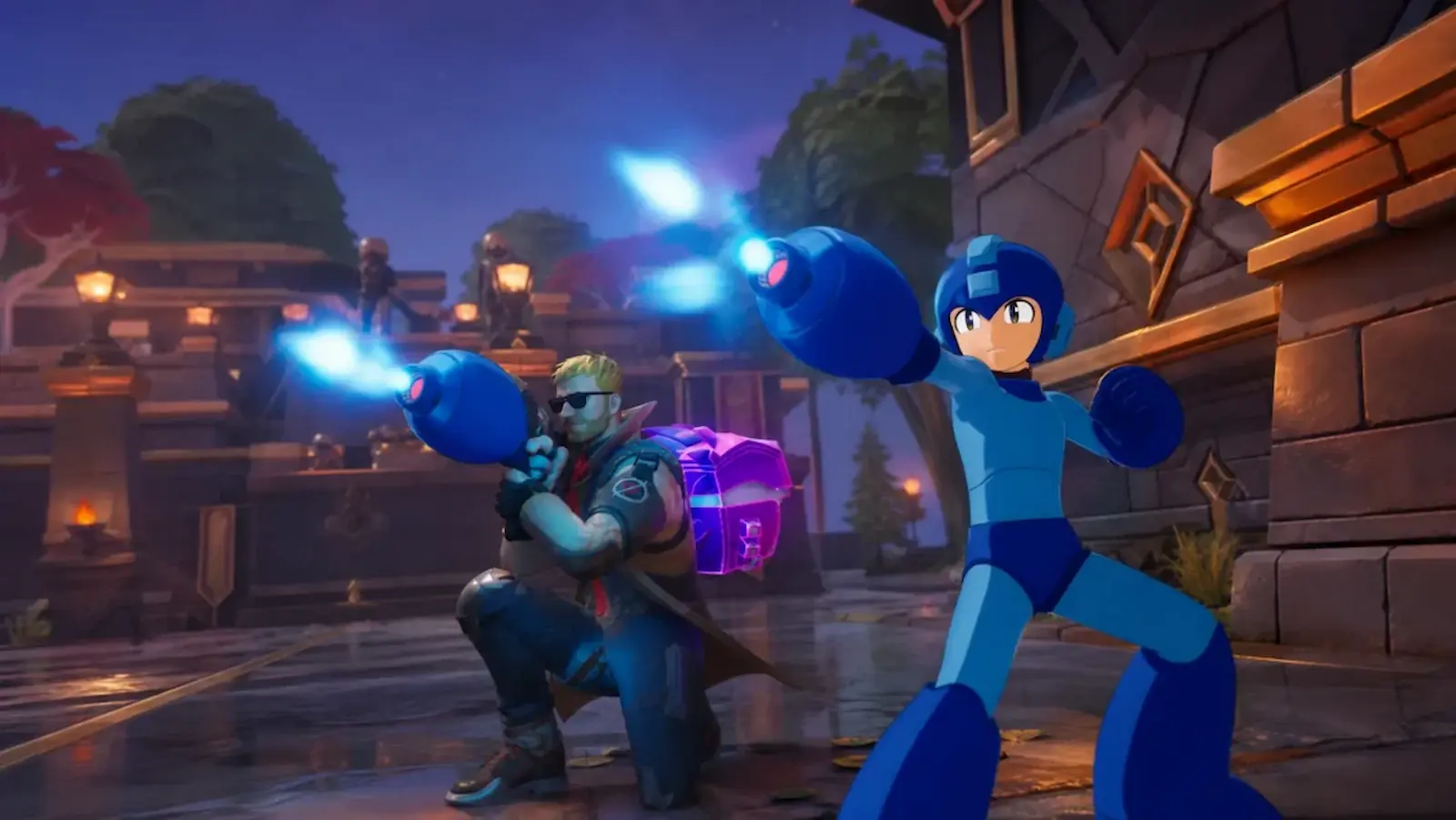 Mega Man disparando el Mega Buster en Fortnite junto a otro jugador y un cofre