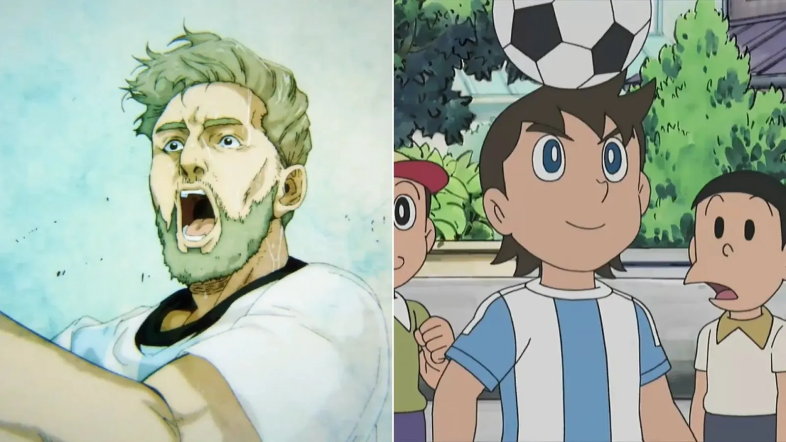 Escenas de anime que hacen referencia a Messi: un delantero gritando en Blue Lock y un chico con pelota en Doraemon