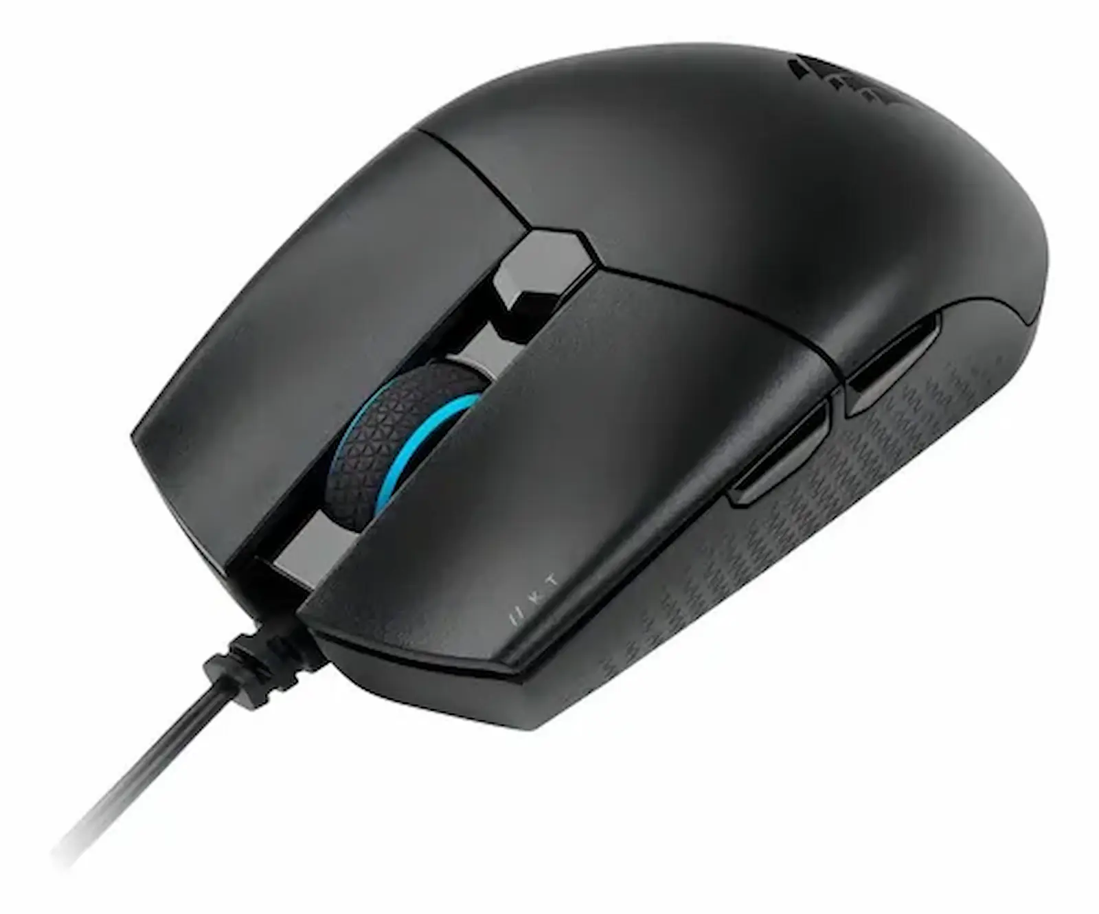 Mouse gamer Corsair Katar Pro negro en vista de tres cuartos, con su cable USB