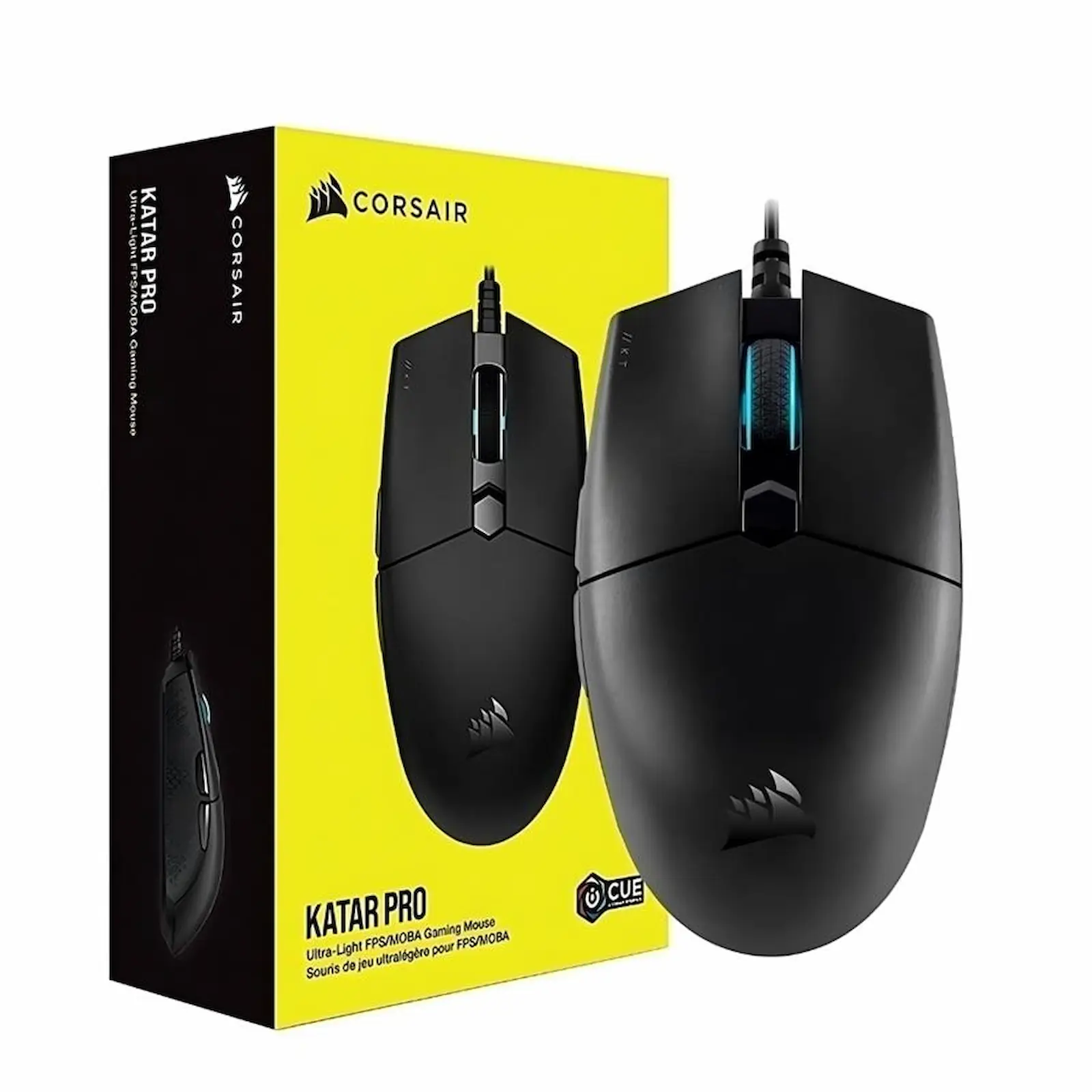 Caja amarilla del mouse Corsair Katar Pro junto a la unidad negra de seis botones