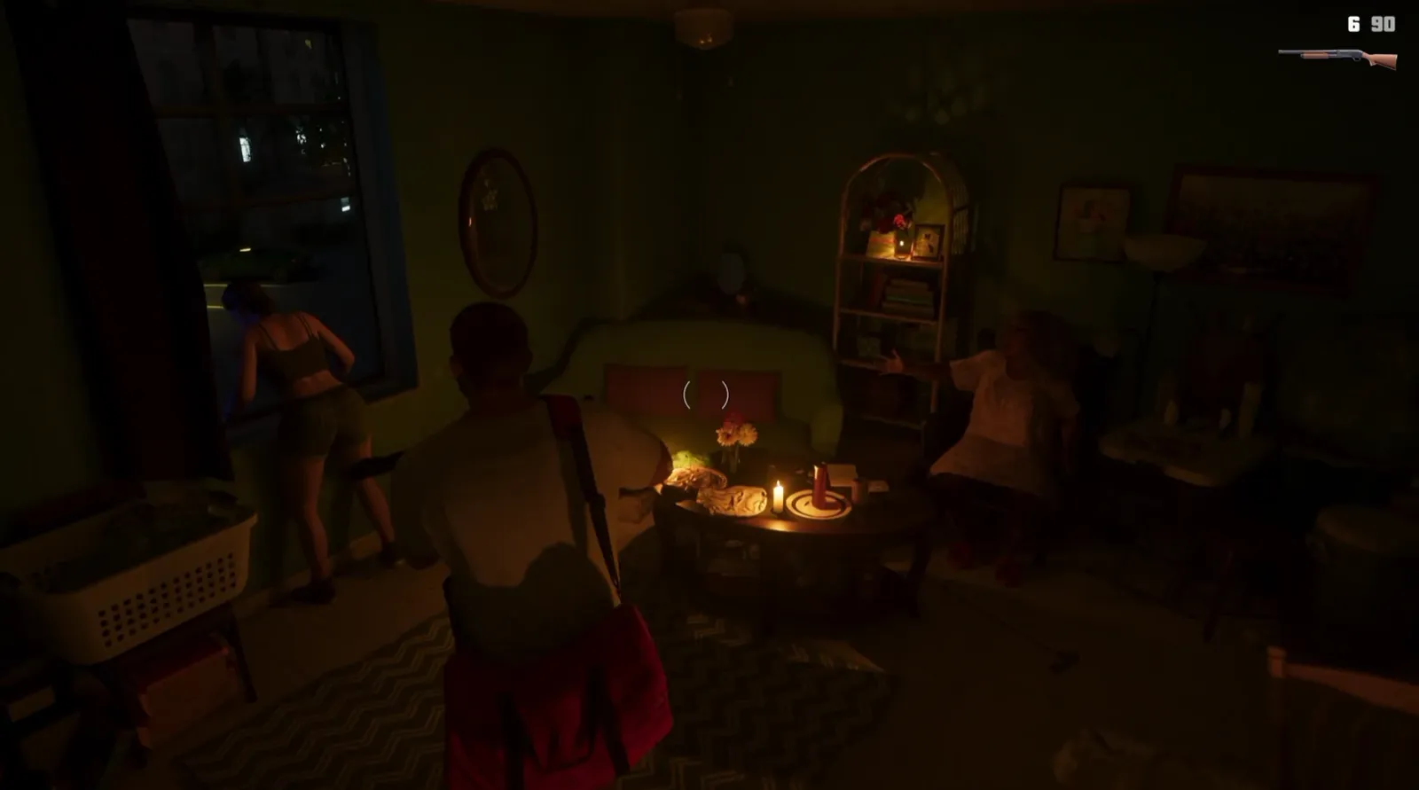 Interior de una casa en GTA 6 con el indicador de munición del arma equipada en pantalla