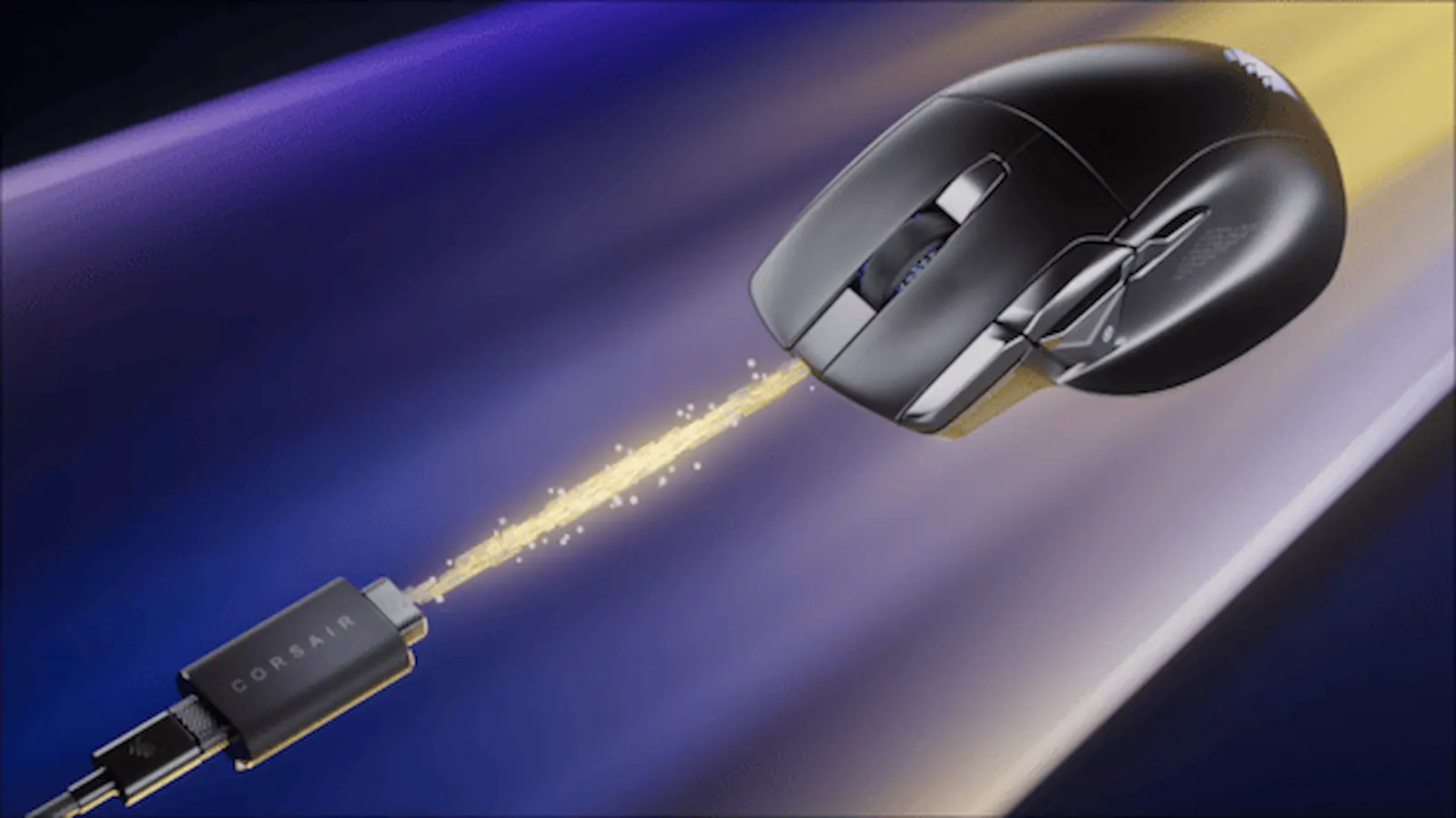 Nightsword v2 Wireless SD conectándose al cable USB-C de carga sobre un fondo violeta