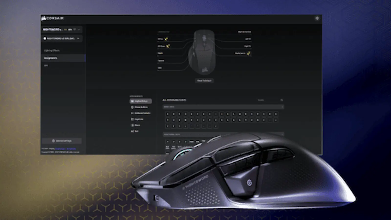 Pantalla con el software de configuración de Corsair y el mouse Nightsword v2 Wireless SD delante