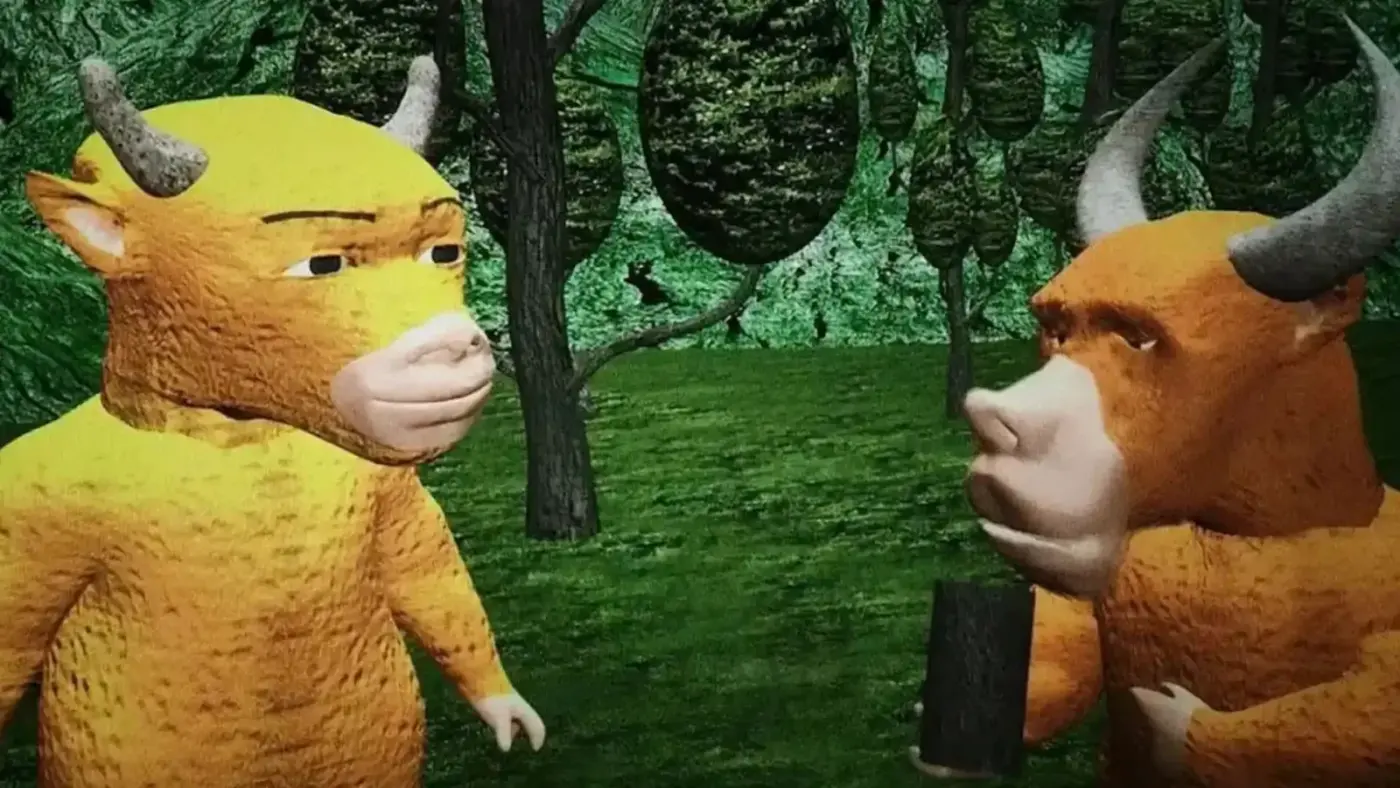 Dos bovinos antropomórficos de animación tosca discuten en un bosque en Niu Lai, la película china que se hizo viral