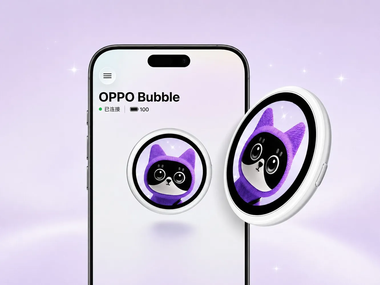 Oppo Bubble, la pantalla circular imantada de Oppo, junto a un iPhone con la app abierta y un personaje animado en pantalla