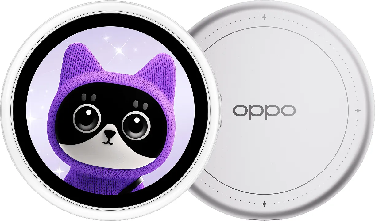 Frente y dorso del Oppo Bubble: la pantalla circular con un personaje animado y la tapa blanca con el logo de Oppo