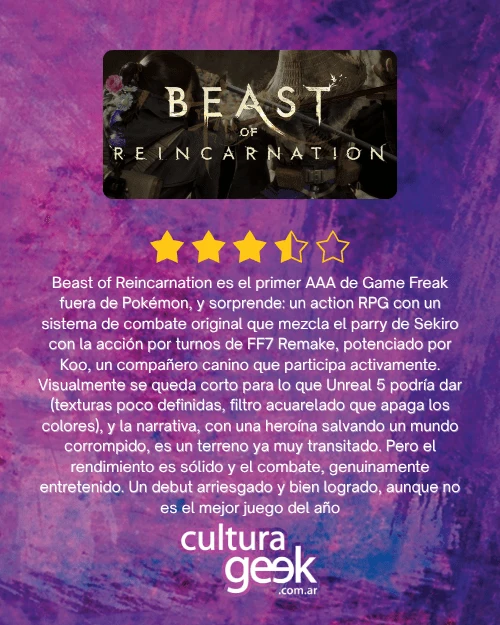 Placa con el puntaje de la review de Beast of Reincarnation de Cultura Geek