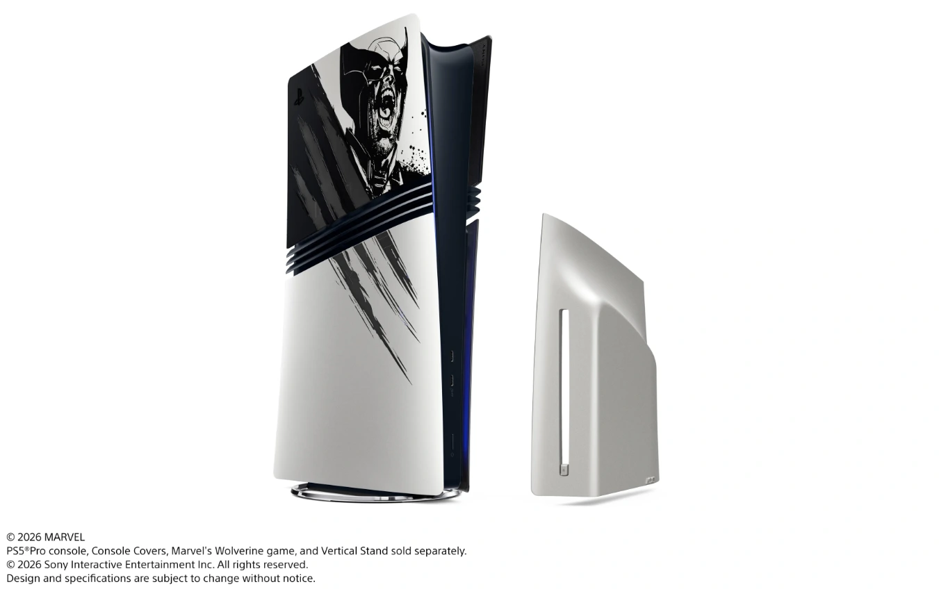 Carcasas PS5 Pro Marvel’s Wolverine Adamantium, con acabado metálico blanco y plateado