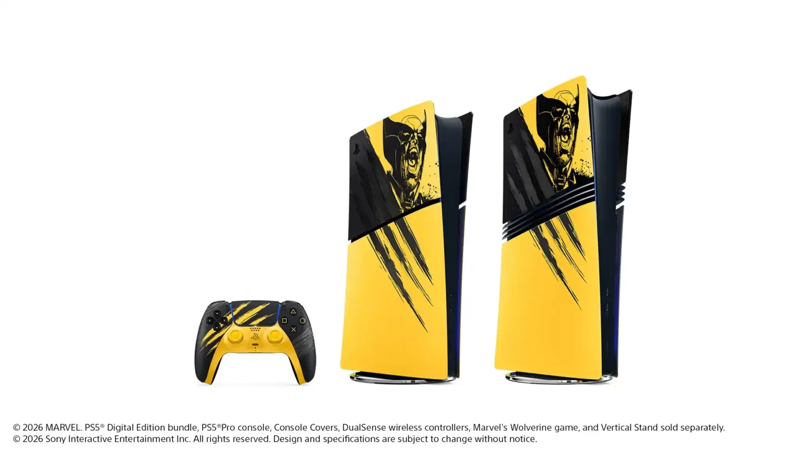PS5 Digital Edition Battle Yellow junto a una PS5 Pro con las carcasas de Marvel’s Wolverine y el mando DualSense negro y amarillo