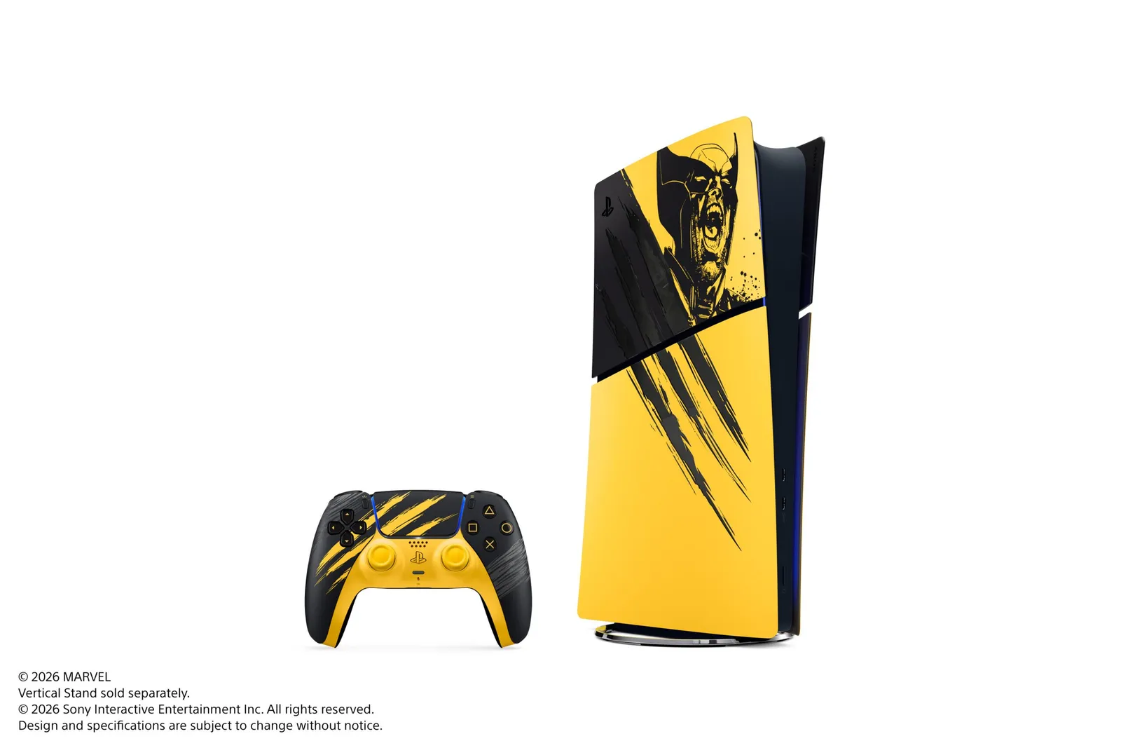 PS5 Digital Edition Battle Yellow de Marvel’s Wolverine de frente, junto al mando DualSense a juego