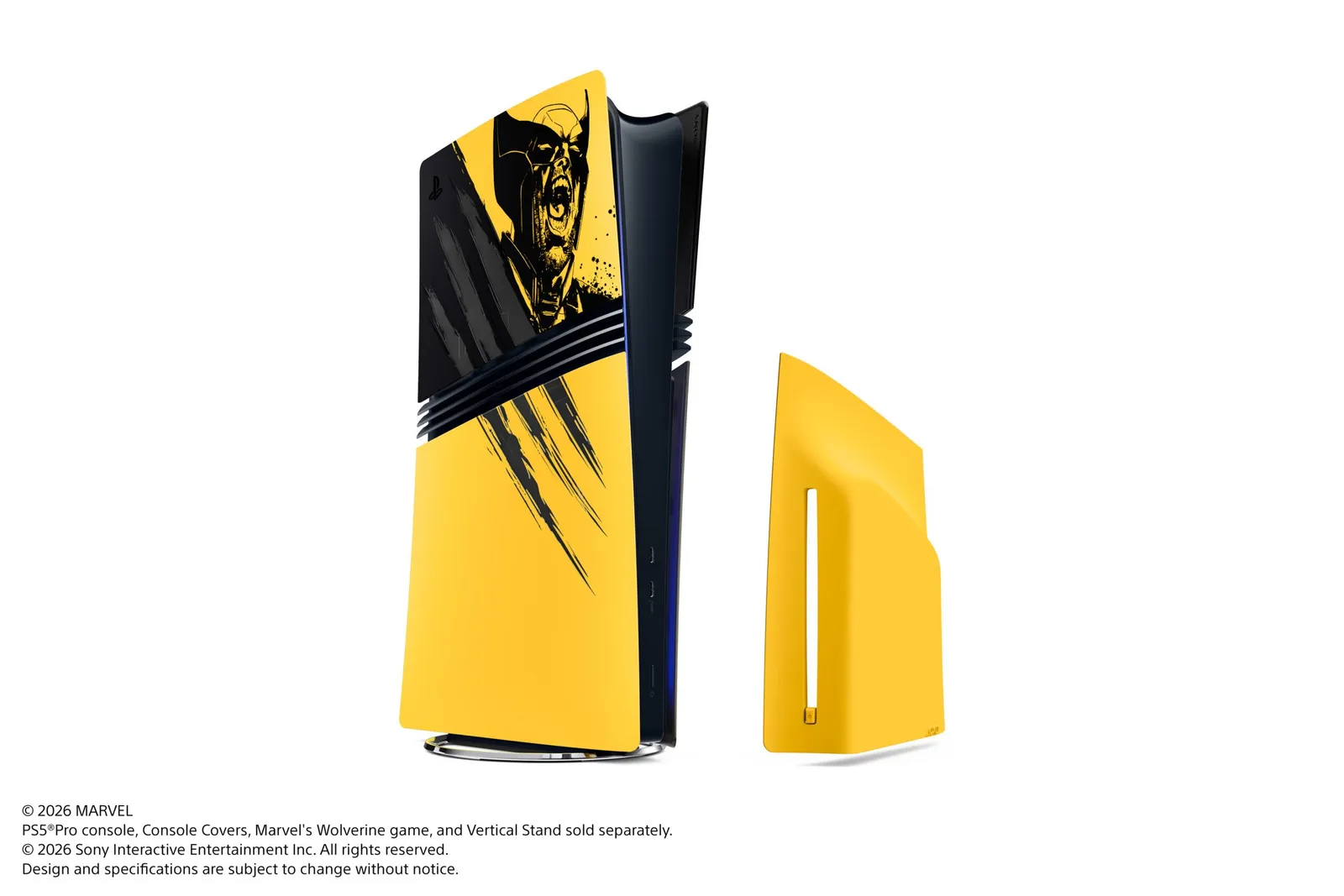 Carcasas Battle Yellow para PS5 Pro, con la consola armada y un panel amarillo suelto al costado
