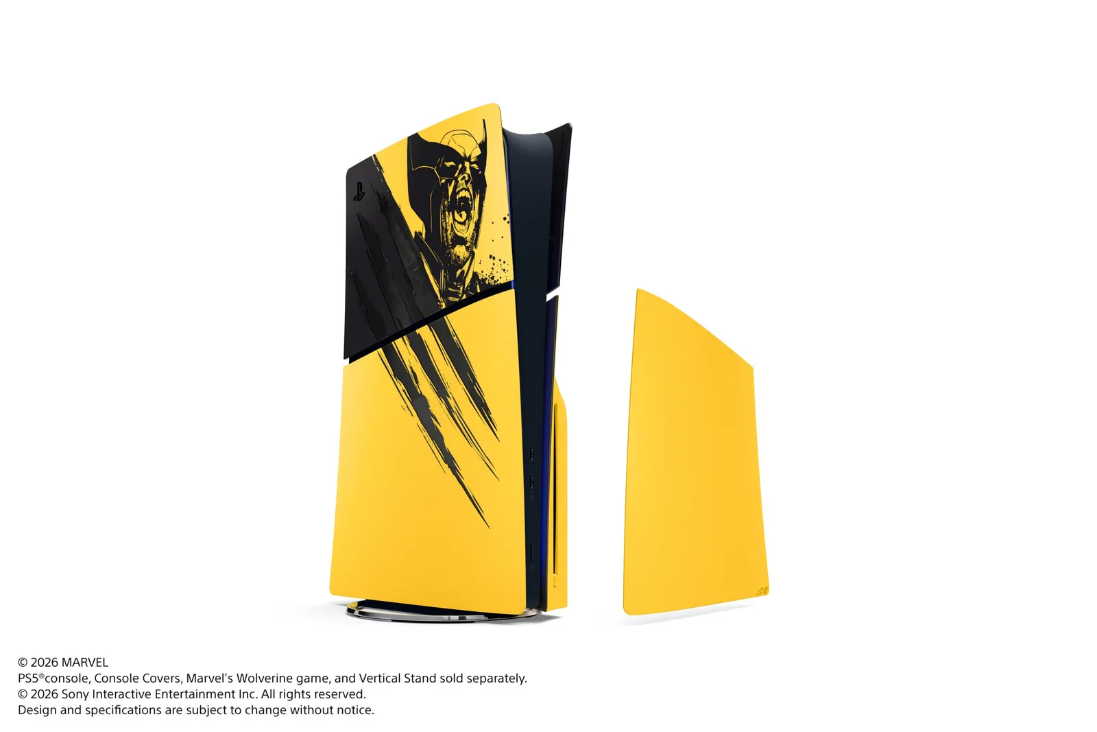 Carcasas Battle Yellow para PS5: la consola con el panel puesto y otro panel amarillo suelto al costado