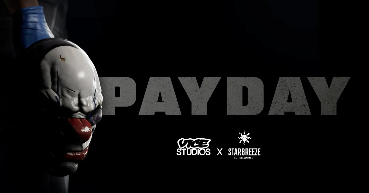 Arte oficial del acuerdo por la serie de Payday con la máscara del juego y los logos de VICE Studios y Starbreeze