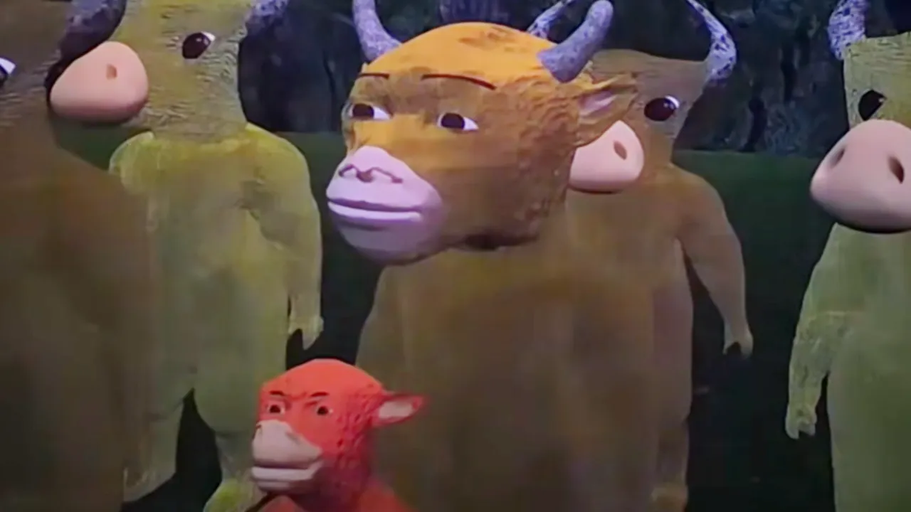 Grupo de personajes bovinos con rostros deformes en una escena de Niu Lai, la película china viral por su animación tosca