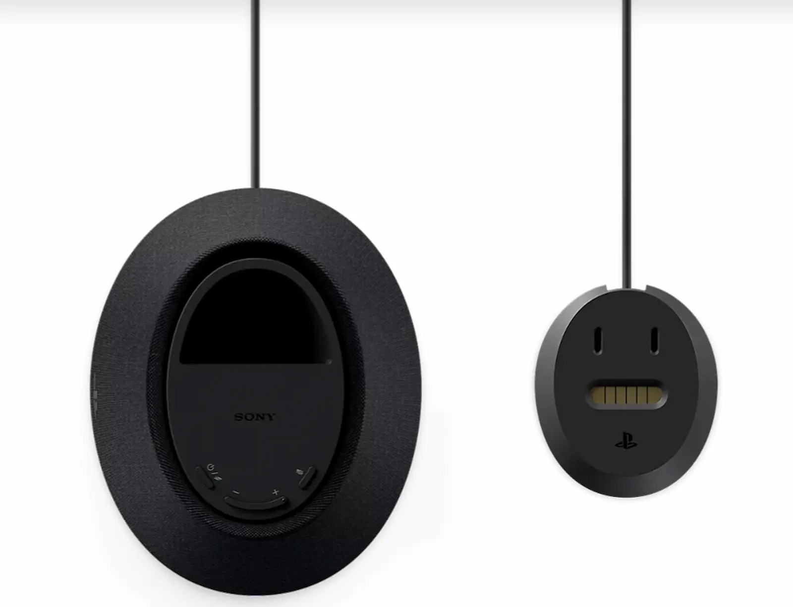 El parlante Pulse Elevate con el logo de Sony y sus controles a la vista, junto a la base de carga incluida