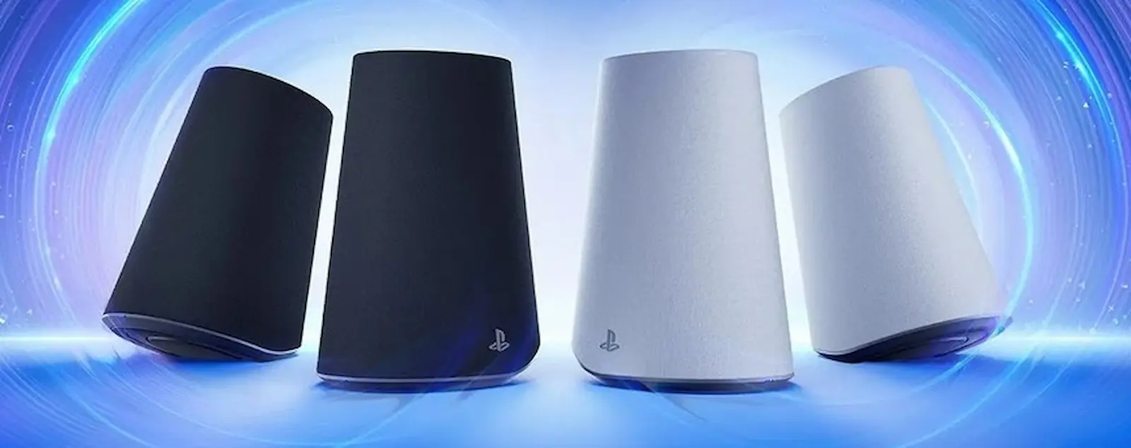 Los parlantes PlayStation Pulse Elevate en sus versiones Midnight Black y blanca sobre fondo azul
