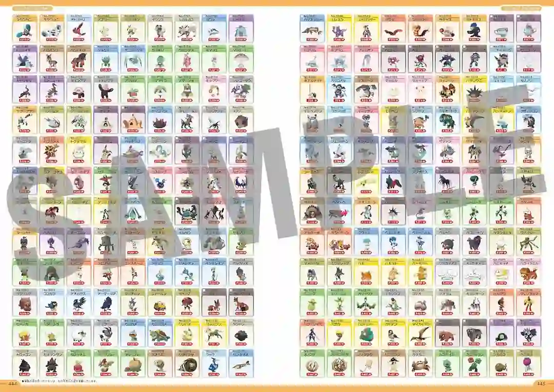 Páginas de índice de la Pokédex oficial de Pokémon con cientos de criaturas ordenadas por número nacional