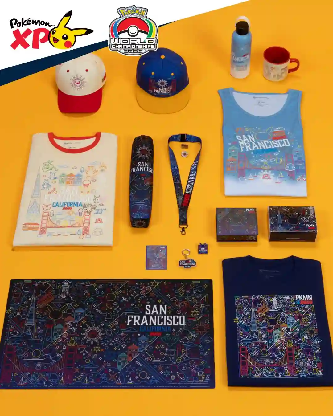 Línea San Francisco del Pokémon Center Worlds 2026 con botella, lanyard, playmat, gorras y remeras