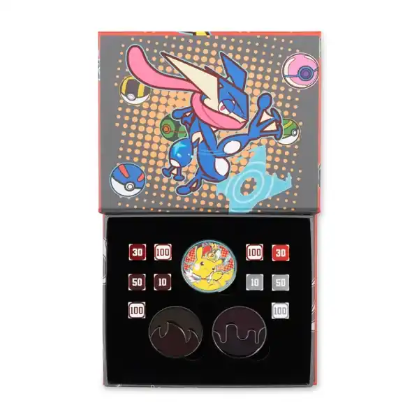 Caja de accesorios de Pokémon TCG del Worlds 2026 con Greninja: contadores de daño, moneda de Pikachu y marcadores de estado