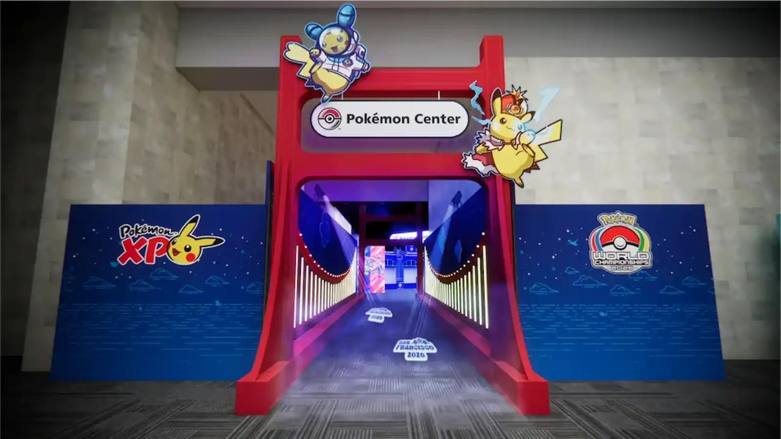 Entrada del Pokémon Center en el Pokémon World Championship 2026, con un arco rojo y figuras de Pikachu y Charizard