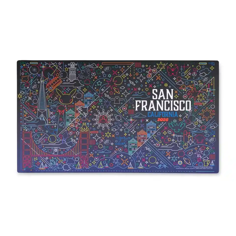 Playmat de la línea San Francisco del Pokémon Center Worlds 2026 con la ciudad ilustrada