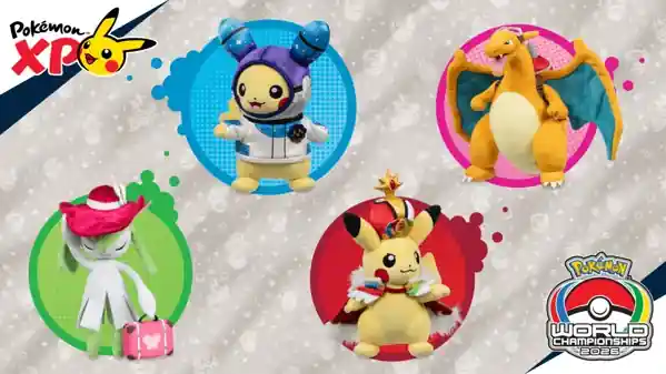 Los cuatro peluches exclusivos del Pokémon Center Worlds 2026: Charizard con mochila cohete, Kirlia y los dos Pikachu