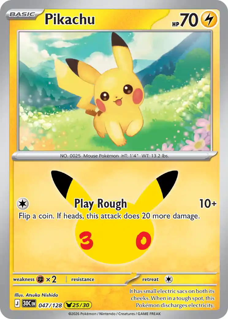 Carta Pikachu 25/30 de Atsuko Nishida: Pikachu en una pradera florida