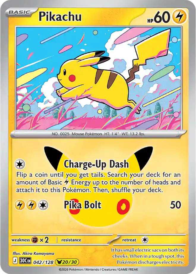 Carta Pikachu 20/30 de Akira Komayama: Pikachu corriendo por una llanura rosa bajo un cielo azul