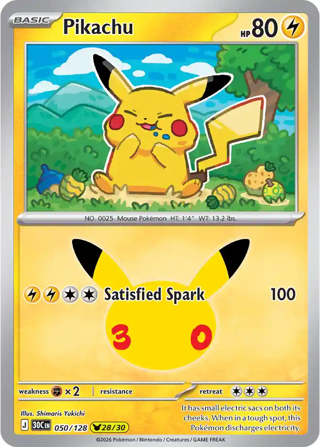 Carta Pikachu 28/30 de Shimaris Yukichi: Pikachu con las mejillas llenas de bayas