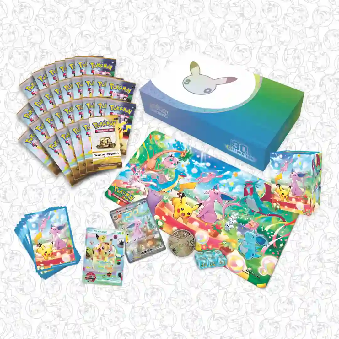 Contenido de la Ultra-Premium Collection Day and Night del 30 aniversario de Pokémon TCG, con sobres, playmat y cartas promo
