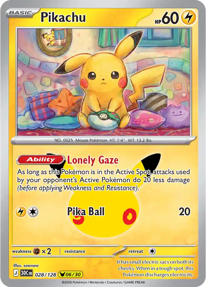 Carta Pikachu 06/30 de sowsow: Pikachu entre almohadones, con uno con forma de Amigo Ball