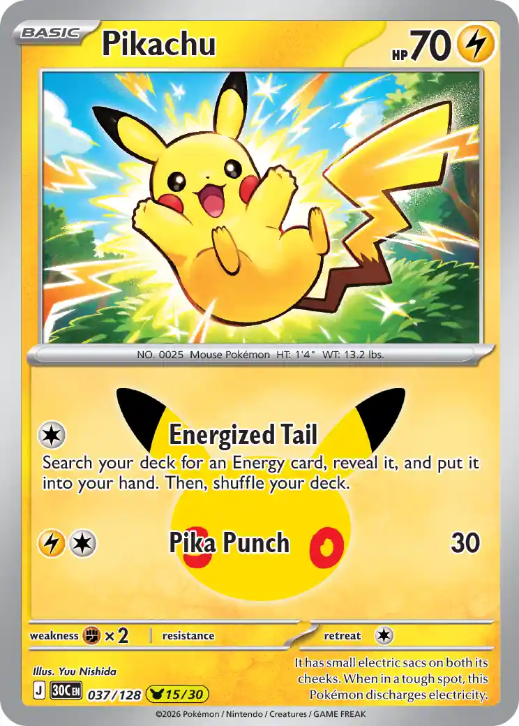 Carta Pikachu 15/30 de Yuu Nishida: Pikachu saltando rodeado de rayos