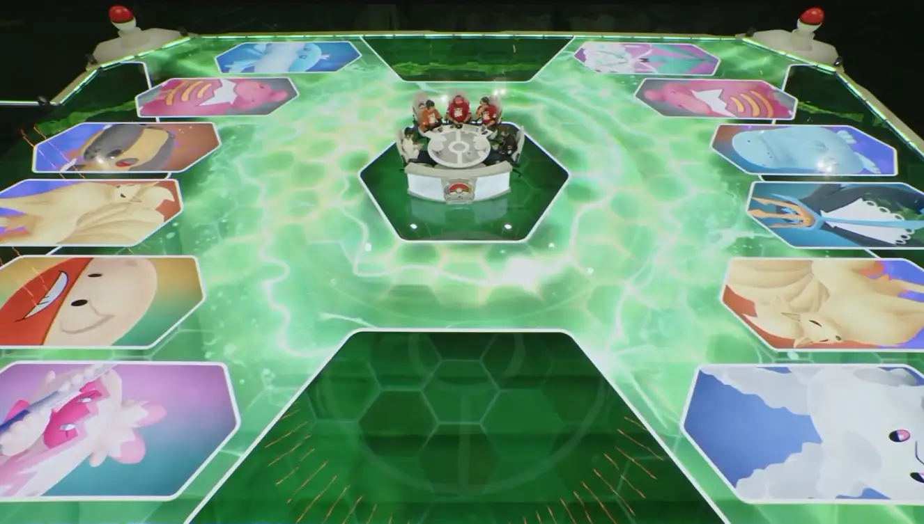 El escenario del mundial de Pokémon Go 2026 con los equipos de la gran final en las pantallas del piso
