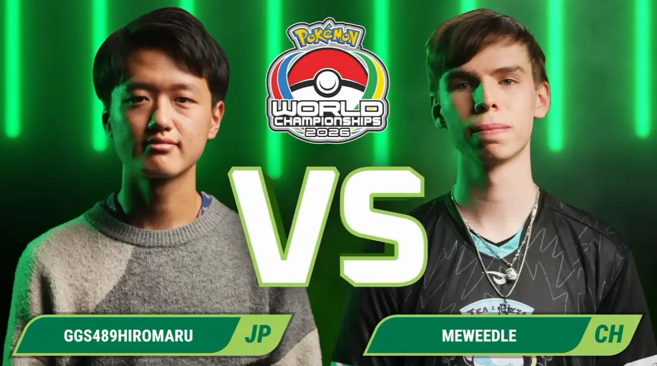 Placa oficial del duelo entre GGs489hiromaru y Meweedle en la final del mundial de Pokémon Go 2026