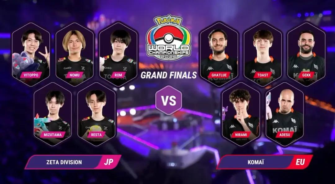 Placa oficial de la gran final entre Zeta Division y Komaï en el mundial de Pokémon Unite 2026