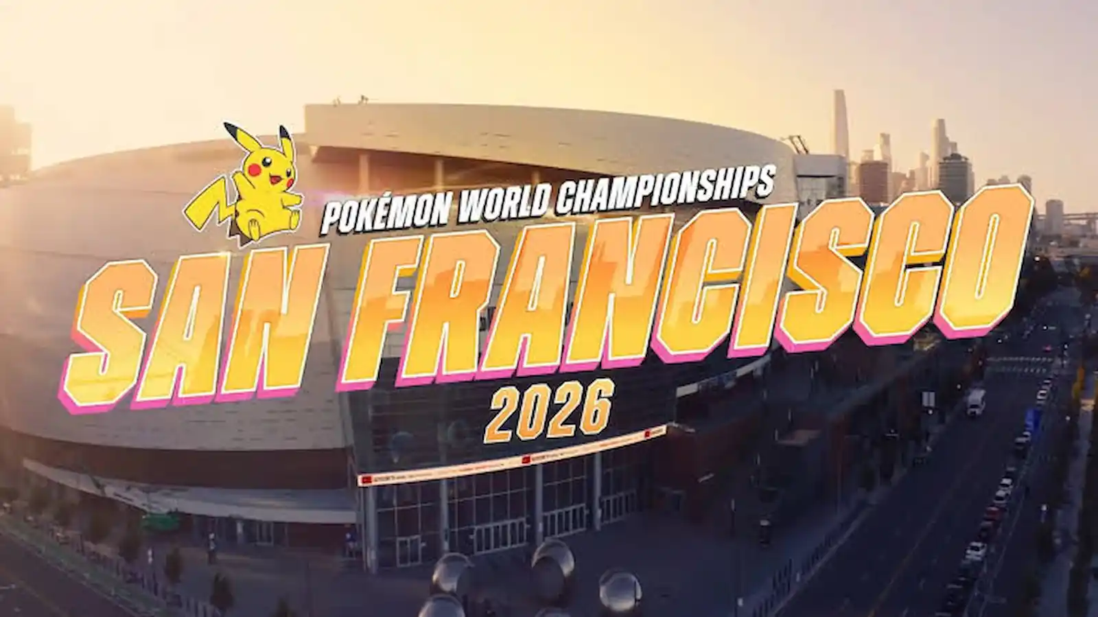 Arte oficial del Pokémon World Championship 2026 en San Francisco con Pikachu sobre el Chase Center