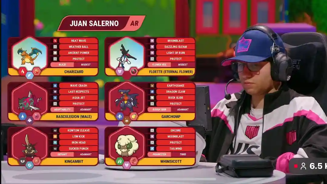 El overlay de la transmisión del VGC muestra a Salerno (AR) y su equipo de Pokémon Champions en el Mundial de Pokémon 2026