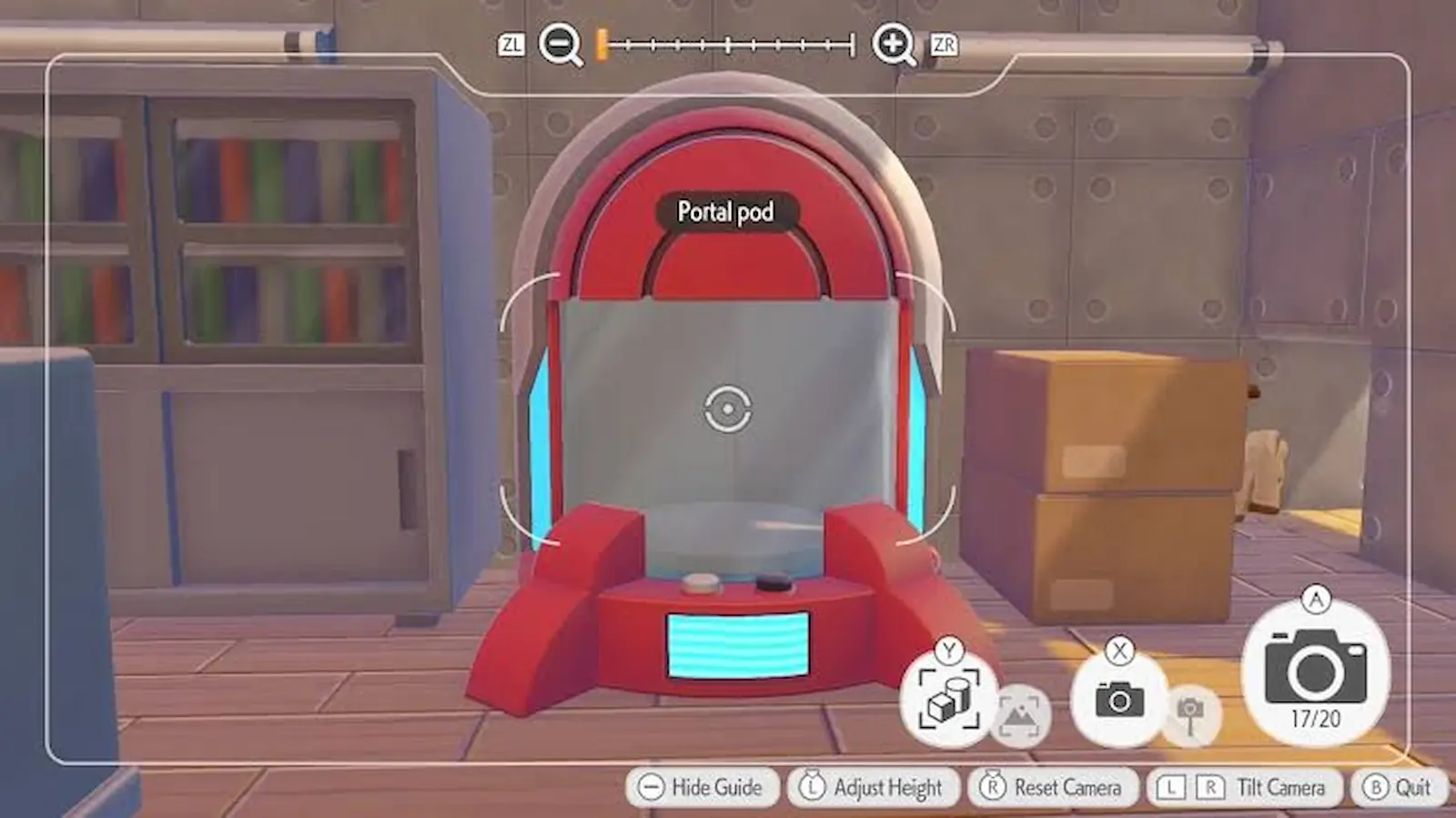 Modo cámara de Pokémon Pokopia enfocando el Portal Pod, con el nombre del objeto visible en pantalla para usarlo como referencia