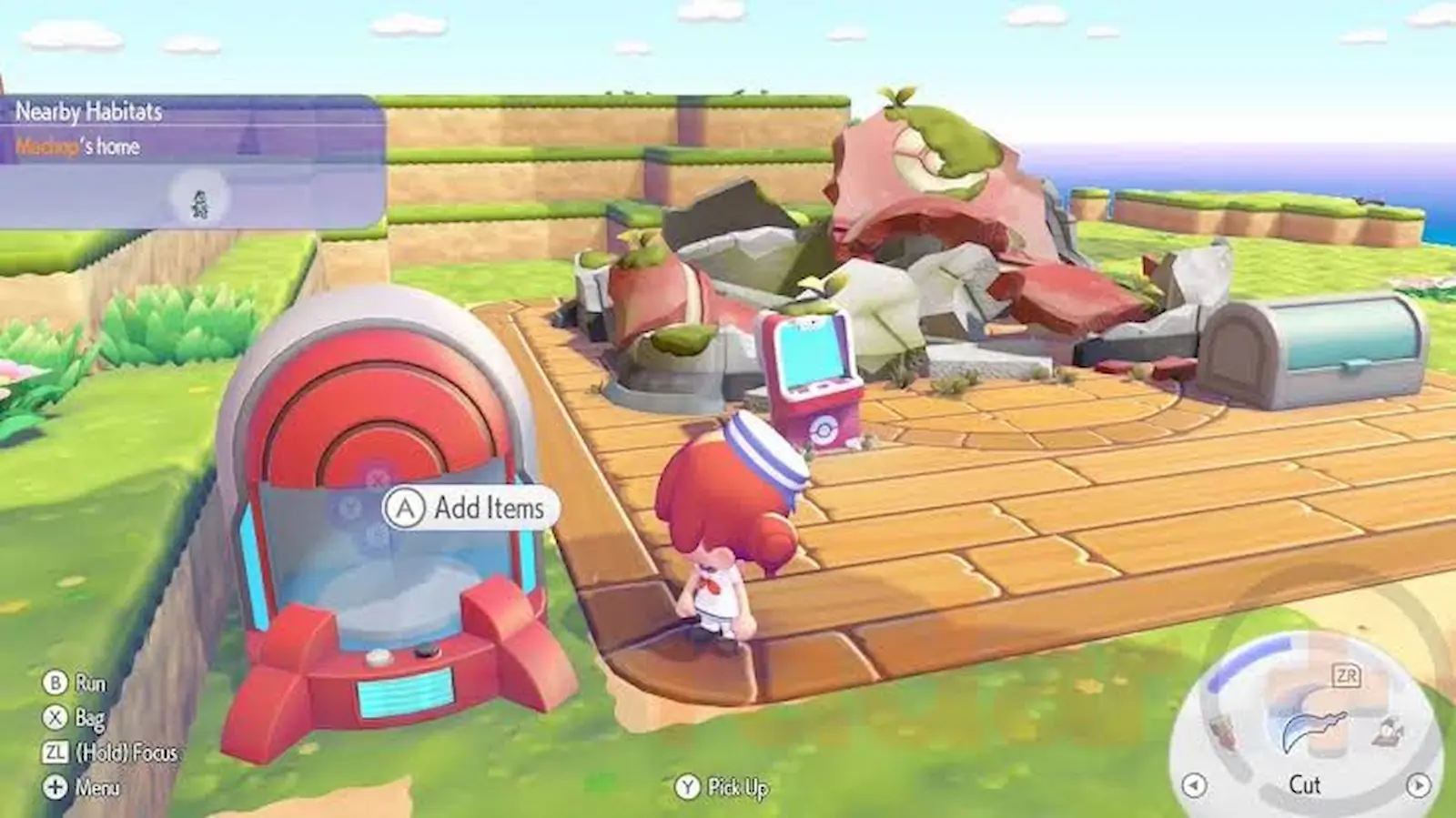 Portal Pod instalado en una base de Pokémon Pokopia con la opción de agregar objetos al almacenamiento compartido
