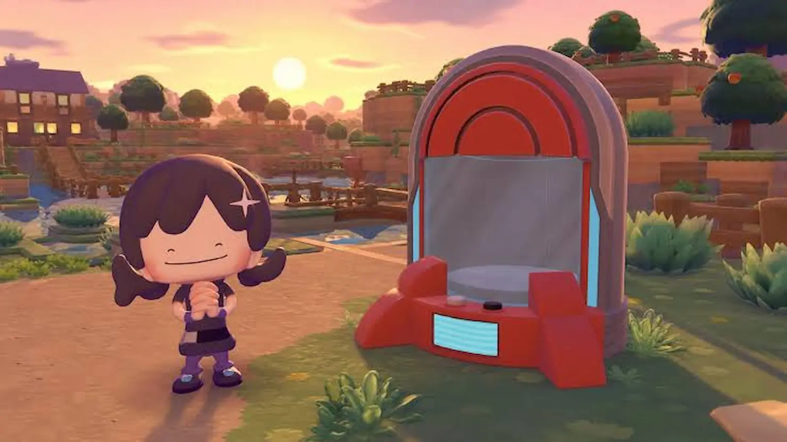Portal Pod de Pokémon Pokopia colocado al aire libre, un arco con el diseño de una Pokébola y una pantalla de acceso al inventario