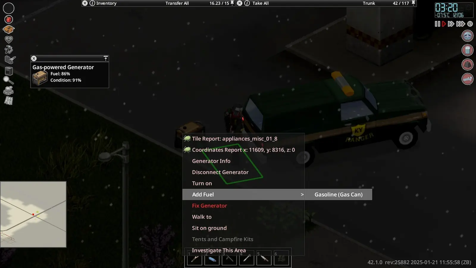 Menú de conexión y carga de combustible del generador en Project Zomboid