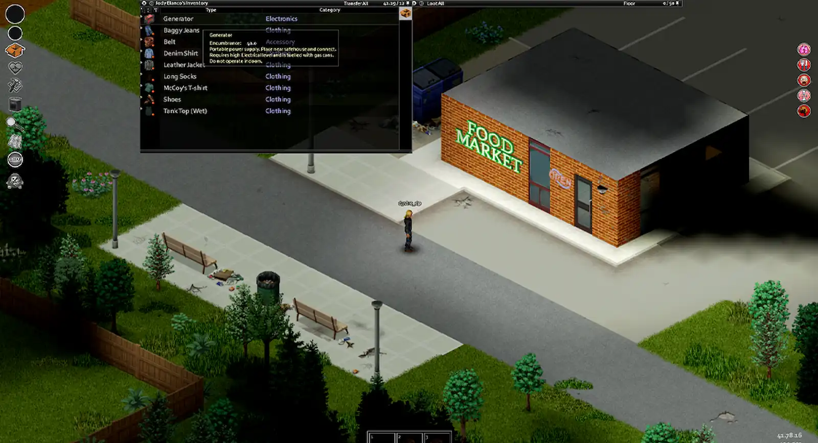 Zona urbana de Project Zomboid, con un local comercial entre los edificios explorables del mapa