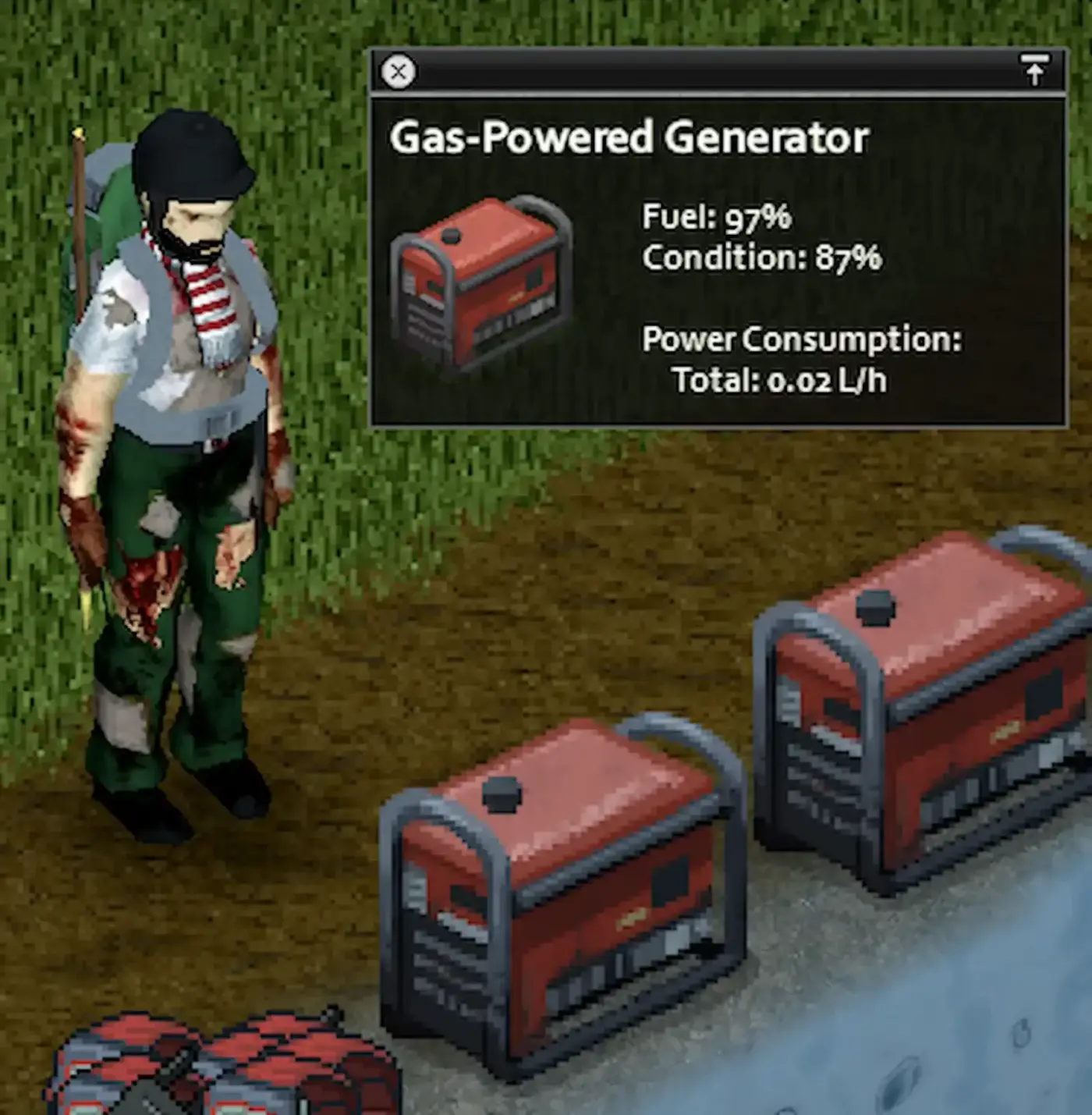 Menú del generador a gas en Project Zomboid, con nivel de combustible y condición