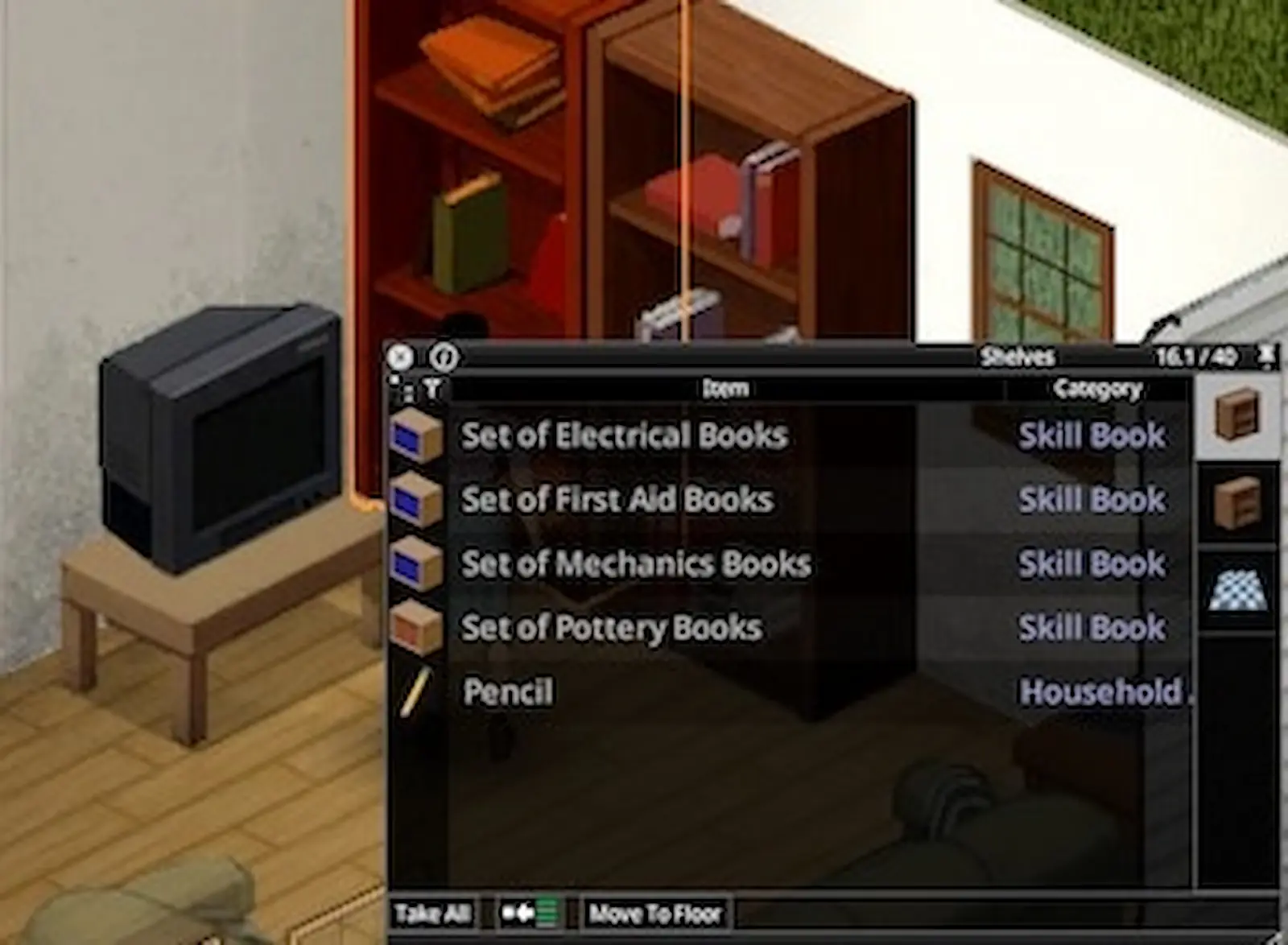 Estantería con libros de habilidades en Project Zomboid, incluido el set de electricidad