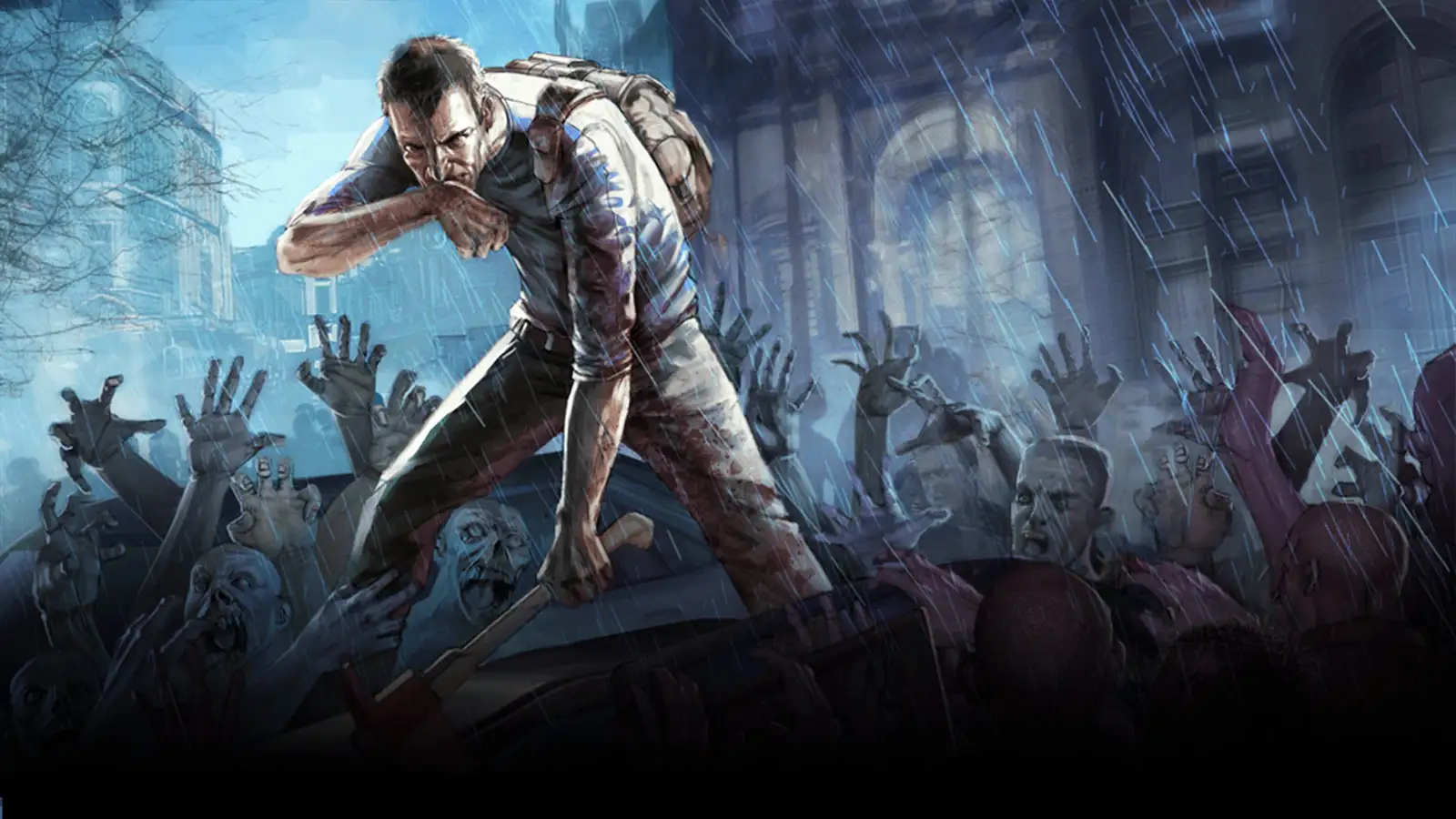 Arte oficial de Project Zomboid con un superviviente rodeado de una horda de zombis