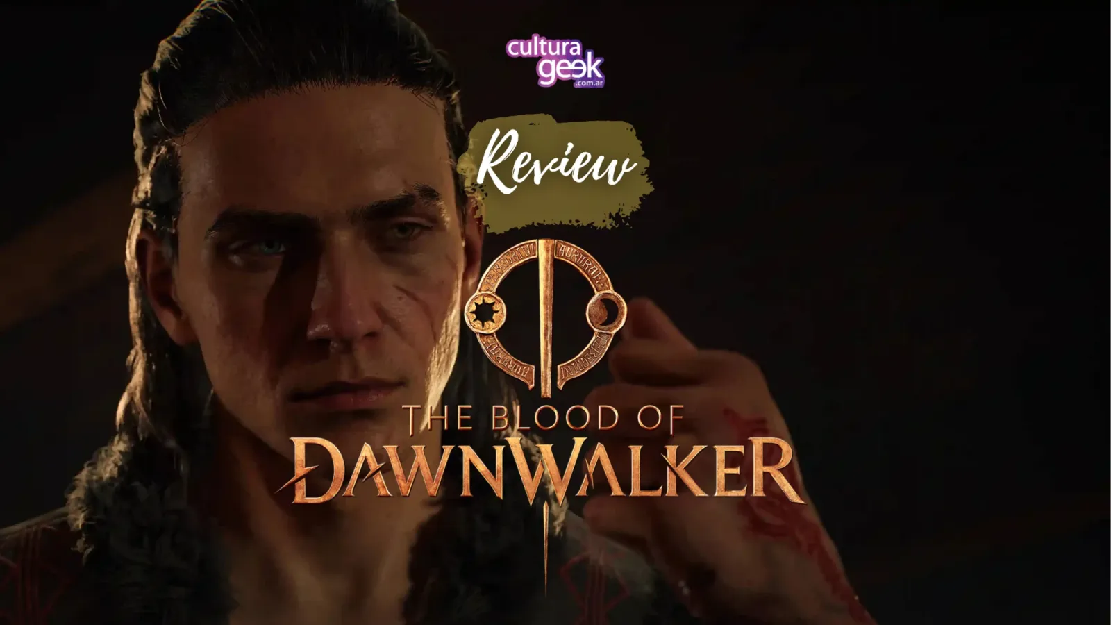 Portada de la review de The Blood of Dawnwalker: Coen, el protagonista mitad humano y mitad vampiro, junto al logo del juego