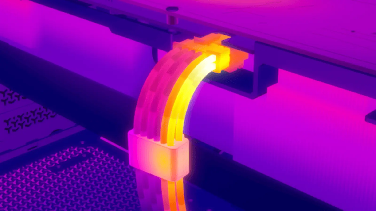 Imagen termográfica del conector 12V-2x6 recalentado, en naranja sobre el resto del cable en violeta