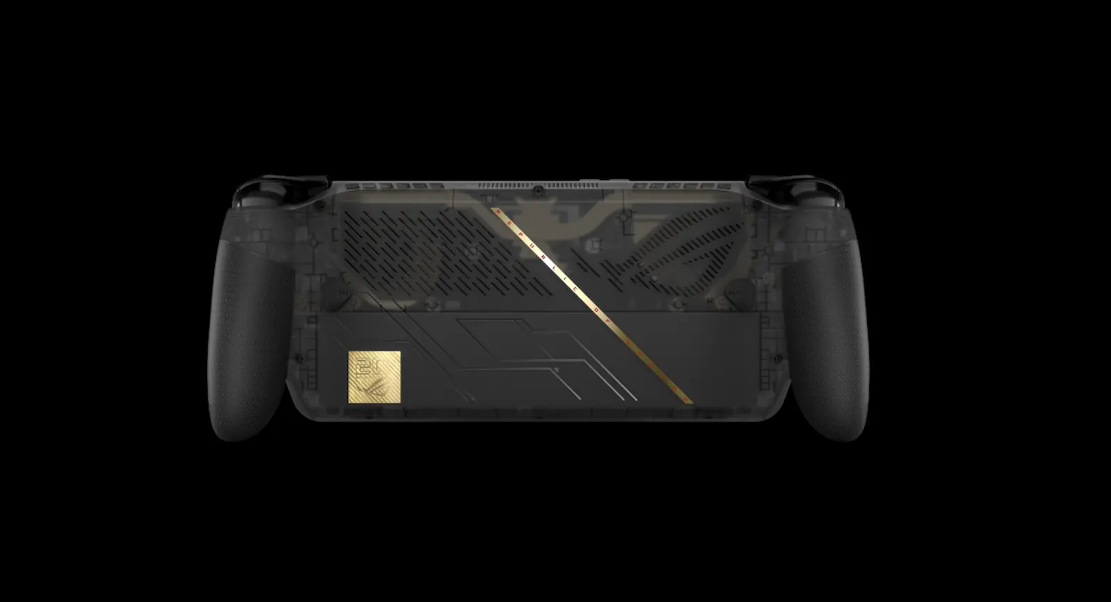 Parte trasera de la ROG Xbox Ally X20 con chasis negro semitransparente y una línea dorada del 20 aniversario