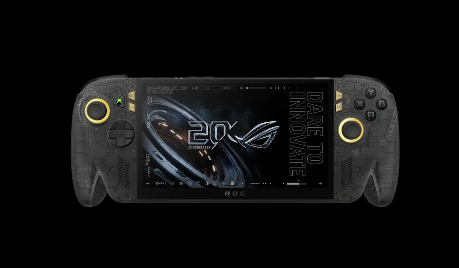 Frente de la consola ROG Xbox Ally X20 con el logo del 20 aniversario en la pantalla y los joysticks con anillos dorados